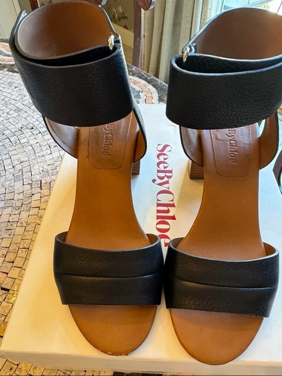 See By Chloe Black Leather Block Heel Ankle-Strap Sandals - Picture 2 of 5